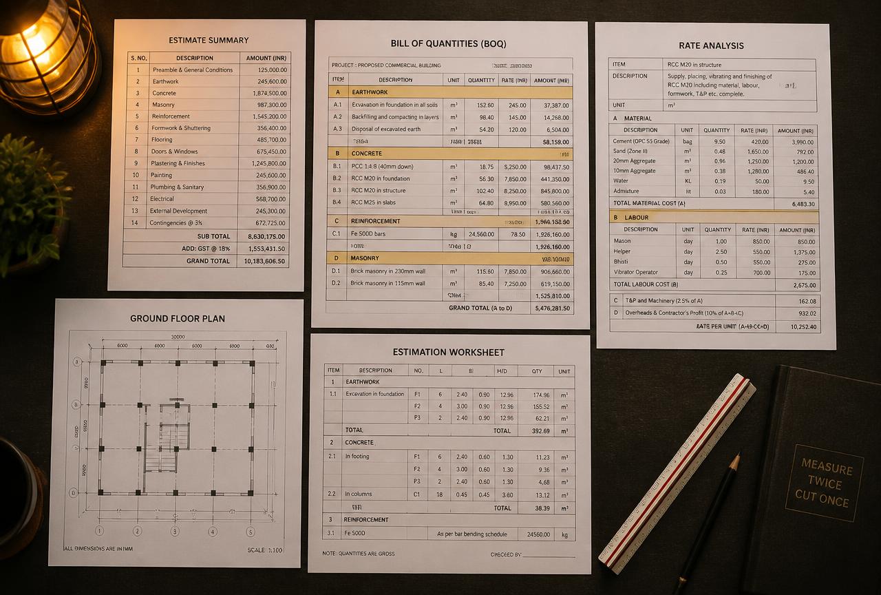 Sample BOQ, rate analysis and estimation worksheets from the bundle